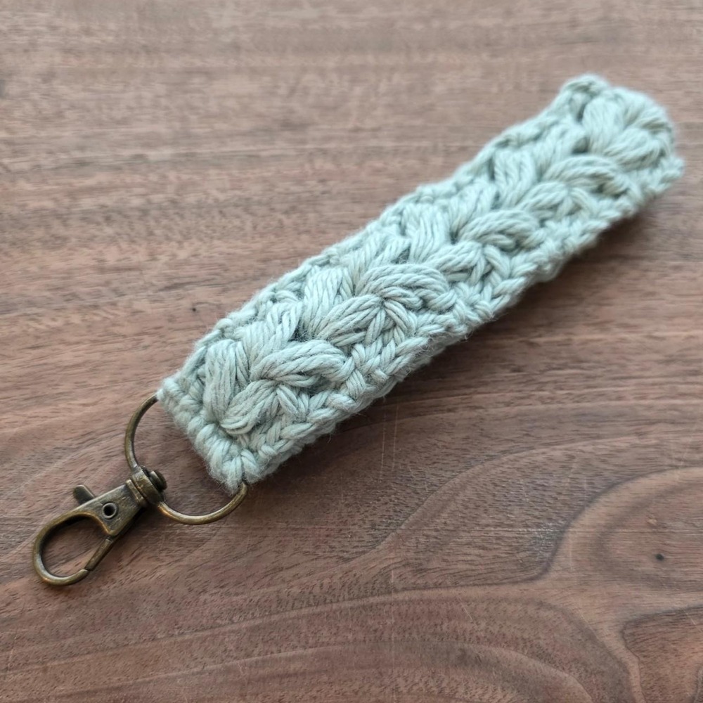 Handmade Crochet Wristlet Keychain Dusty Seafoam Cotton Floral Puff Key Fob